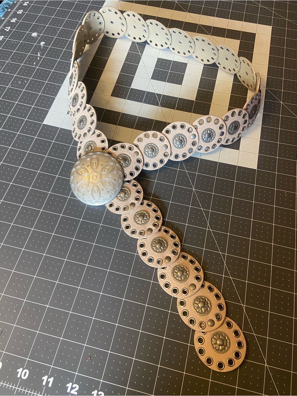 Y2K Boho Cream and Silver Western Concho Belt with Floral Buckle